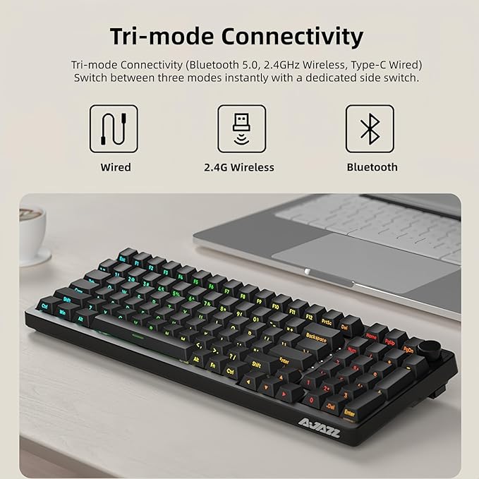 FIRSTBLOOD ONLY GAME. AK992 Hot-Swappable 2.4G Wireless/Bluetooth 5.0/USB Wired Triple Mode Mechanical Keyboard 98 Keys Full Layout RGB Backlit Brown Switches Black Side Carving PBT Keycaps