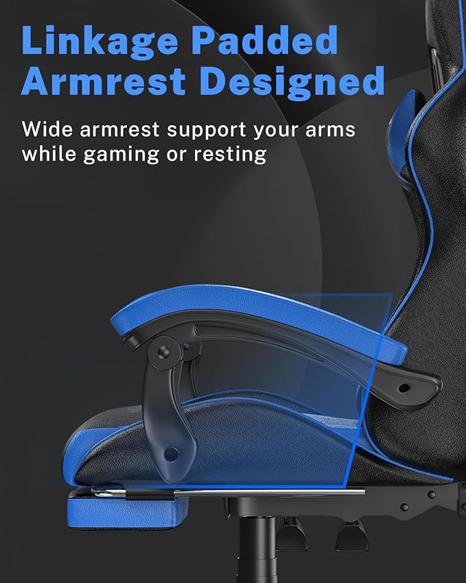 Gaming Chair with Footrest High Back Ergonomic Computer Gamer Chair with Headrest and Lumbar Support Racing Style Reclining Game Chair for Adults Kids (Blue-Black)