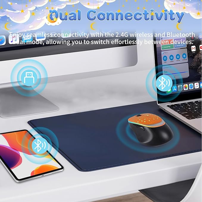 elec Space Bluetooth Wireless Mouse with Starry Sky RGB Backlight - Ergonomic Dual Mode Rechargeable Mouse Type-C Charging - Perfect for Office Gaming &amp Travel (Orange)