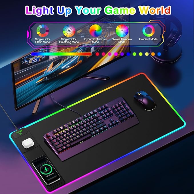 XXL RGB LED Gaming Mouse Pad with Magnetic Wireless Charger &amp Foldable Phone Holder 31.5x15.8 Extended Ultra-Smooth Desk Mat 25 Lighting Effects Non-Slip Base Includes 20W PD Adapter