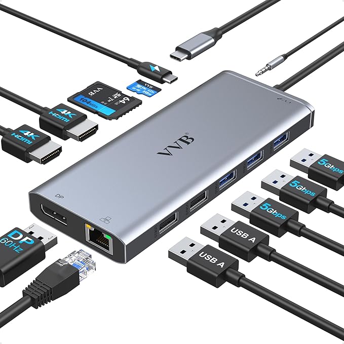 USB C Laptop Docking Station Dual Monitor HDMI for Dell/HP/Lenovo Laptop Type C Hub Multiport Adapter Dongle DockUSB C to 2 HDMI+DisplayPort DP+Ethernet+100W USB C Power Charge Port+5USB+SD/TF+Audio