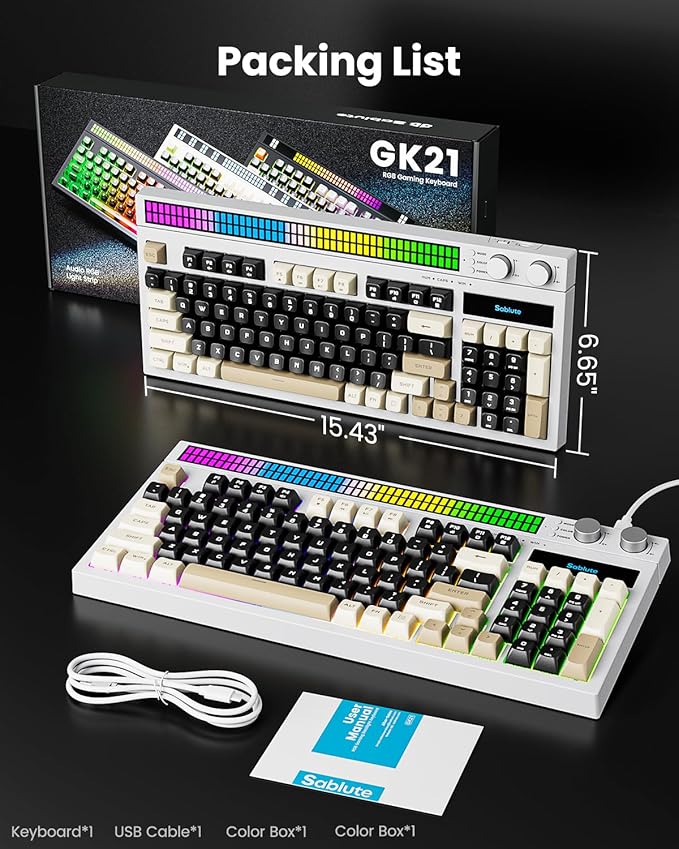 SABLUTE Keyboard Gaming - Audio-Sync RGB Light Strip 19-Key Anti-Ghosting Dual Control Knobs Adjustable Stand Ultra-Low Latency Quiet Mechanical Feel for PC Gamers