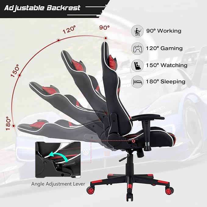 GYMAX Gaming Chair Massage Gaming Chairs for Adults with Headrest Lumbar Support &amp Armrest Video Computer Reclining Gaming Chair Office Desk Gamer Task Chair (Red)