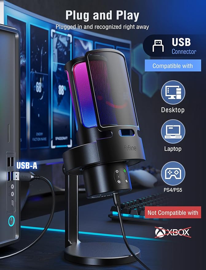 FIFINE Gaming USB Microphone PC Computer Mic with 4 Polar Patterns for Podcast Streaming Recording YouTube RGB Condenser Desktop Mic for Windows Mac with Headphone Jack-AmpliGame A8 Plus