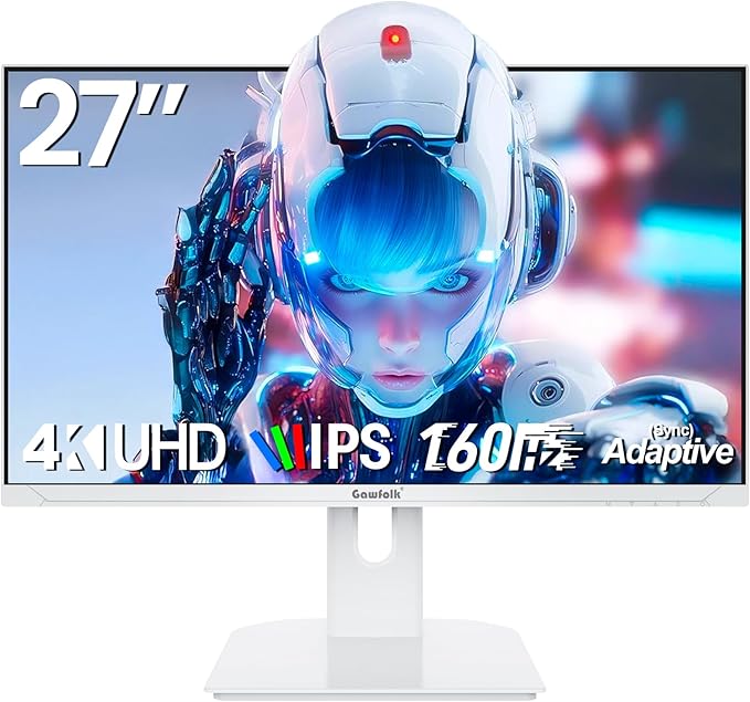 Gawfolk 27 Inch 4K Gaming Monitor 160Hz White PC Computer Monitors UHD 3840 x 2160p IPS Screen for Home &amp Office Freesync DP 1.4 HDMI 2.1 Eye Care Wall Mount Compatible