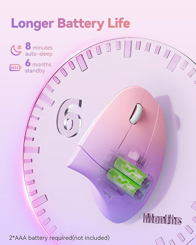 TECKNET 2.4G Ergonomic Mouse Vertical Wireless - 4800 DPI Optical Carpal Tunnel Mice Right Hand 4800 DPI Adjustable Quiet Clicks 6 Buttons for Laptop Desktop PC Computer - Pink Purple