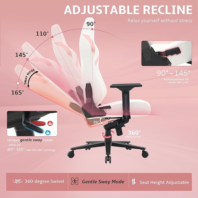 Ergonomic Gaming Chair Computer Desk Chairs 4D Armrests High Back Office Chair with Headrest &amp Lumbar Pillow Tilt Rocker Recliner Heavy-Duty Base White PU Leather &amp Pink Suede Comb