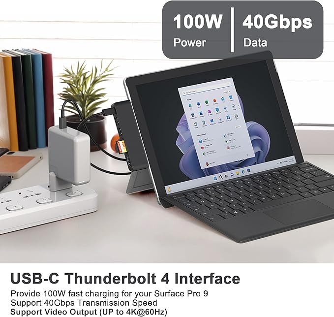Surface Pro 9/10/11/X Accessories Surface Pro 9 USB Hub Docking Station with 4K HDMI USB-C Thunerbolt 4 (Display+Data+PD Charging) 2 USB 3.0 SD/TF Card Reader for Surface Pro 9/Pro10/Pro11/ProX
