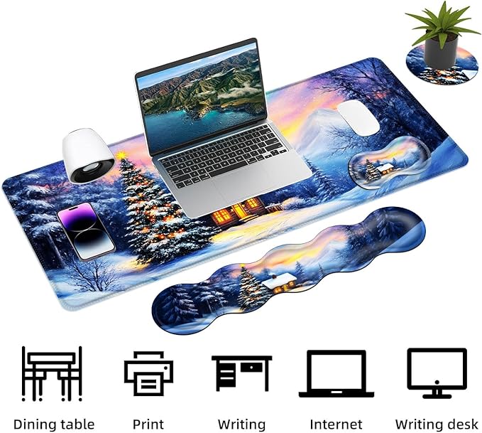 Keyboard Mouse Pad Set Extended Gaming Mouse Pad+Ergonomics Keyboard Wrist Rest Support Memory Foam Easy Typing Pain Relief 4Pcs XL Ultra Thick Desk MatChristmas Snowy Mountain