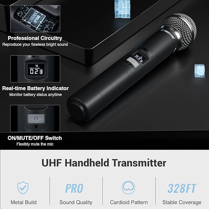 Phenyx Pro 4-Channel Wireless Microphone System w/Auto Scan 4x40 UHF Frequencies 2 Handheld Dynamic Mics 2 Bodypacks &amp Headsets/Lapel Microphones for Singing DJ Church (PTU-7000-2H2B)