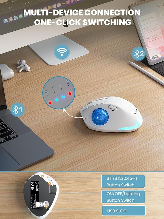 MAM1 Pro Wireless Trackball Mouse Ergonomic Bluetooth Rechargeable Computer Mouse Backlit Rollerball Thumb mice with 5 Level DPI Adjustable Angle 3 Devices Connection for PC Windows - White Mouse