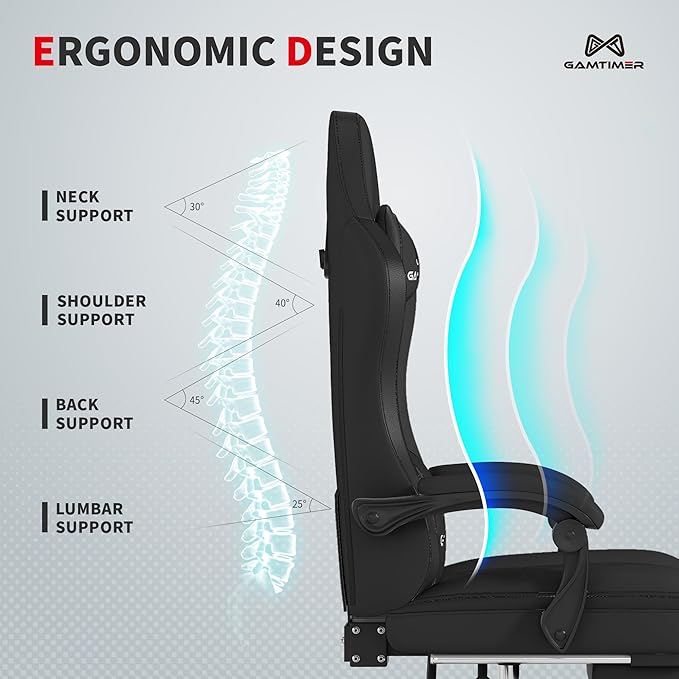 Gaming Chair with Footrest Ergonomic Computer Chair PU Breathable Material with Headrest and Lumbar Support Suitable for Silla Gamer and Adults(Black)
