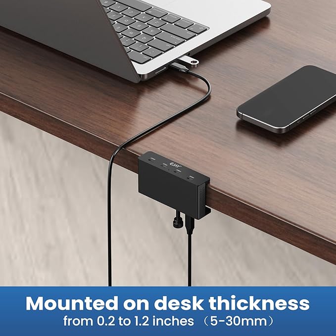 EJAY 4-Port 10Gbps USB 3.2 Hub with Clamp Mount Aluminum Docking Station for MacBook/Desktop Dual Cable USB Splitter for Monitors USB C Hub Stable Data Transfer for Creators Black