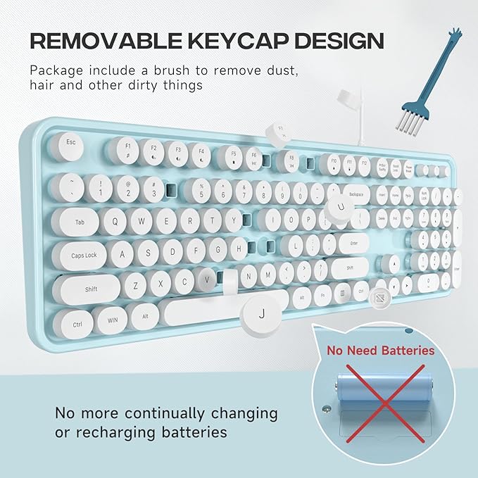 Computer Keyboard Wired Plug and Play USB Retro Round Typewriter Keyboard Full Size Wired Keyboard with Foldable Stands for Laptop and Office PC- Blue&ampWhite Colorful