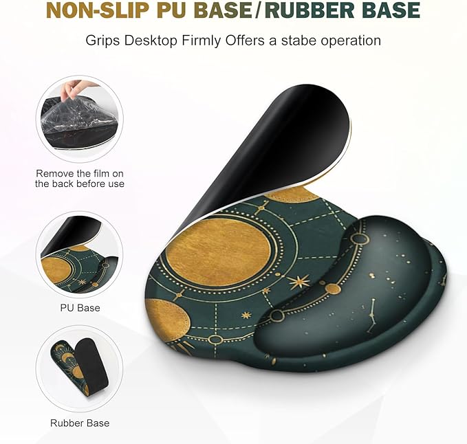 Large Desk Mat Gaming Mouse Pad Desk Pad Protector XXL Mousepad + Keyboard Wrist Rest+Mouse Wrist Rest+Coaster Ergonomic Desk Pad for Home Office Decor Dark Green Gold Moon Phases Constellation