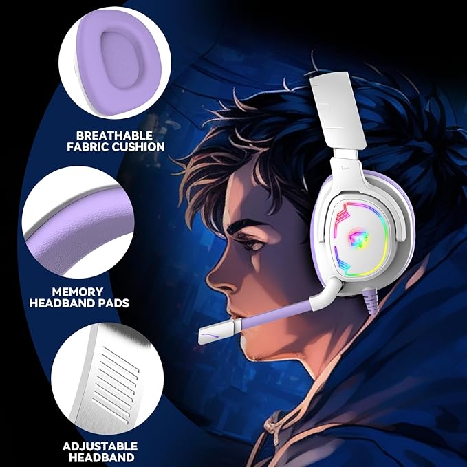 Gaming Headset for PC/PS4/PS5/Xbox One/Switch Stereo Surround Sound Gaming Headphones with Noise Canceling Flexible Mic Computer Headset with 3.5mm Jack &amp RGB Light (WhitePurple)