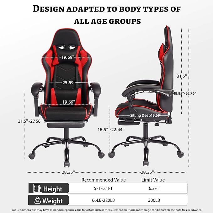 Leather Ergonomic Gaming Chair with Footrest Comfy Red Gaming Chair with Comfortable Headrest &amp Lumbar Support for Adults Kids Women Men Boys 300 LBS Capacity (Black&ampRed)