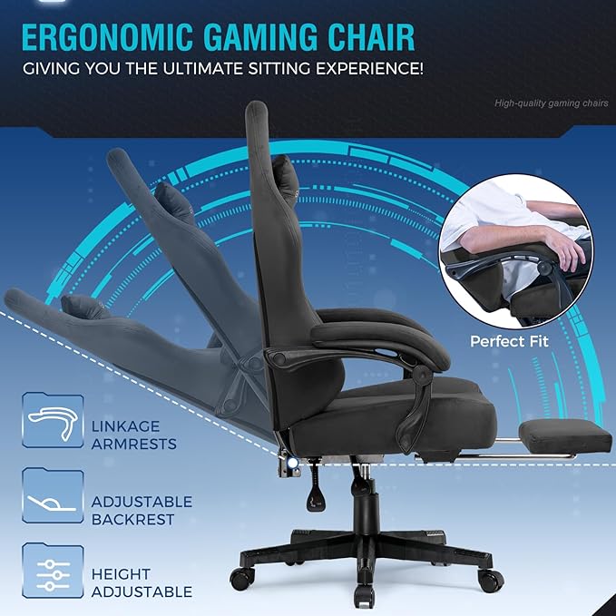 GTPLAYER Gaming Chair Fabric with Pocket Spring Cushion Big and Tall Gamings Chairs 350LBS High Back Computer Chair with Footrest for Adults Lumbar Support Swivel Game Chair for Office Gaming Gray