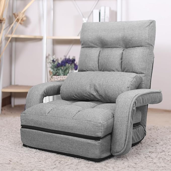 WAYTRIM 6 Position Indoor Chaise Lounge Chair Gaming Floor Chair for Teens Adults Indoor Lounge Chair Lazy Sofa for Pets with Armrests &amp Pillow Comfy Chair for Bedroom Dorm Living Room - Grey