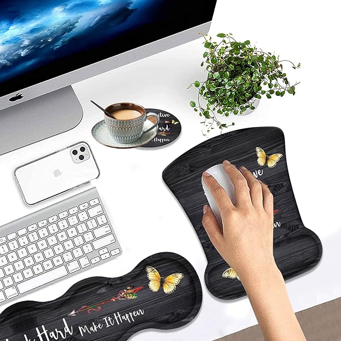 Keyboard Wrist Rest Pad + Wrist Rest Support Mouse Pad + Coaster + Hook Combo Set Ergonomic Relief Wrist Pain Anti-Slip Mouse Pad for Home and Office Stay Positive Work Hard and Make It Happen