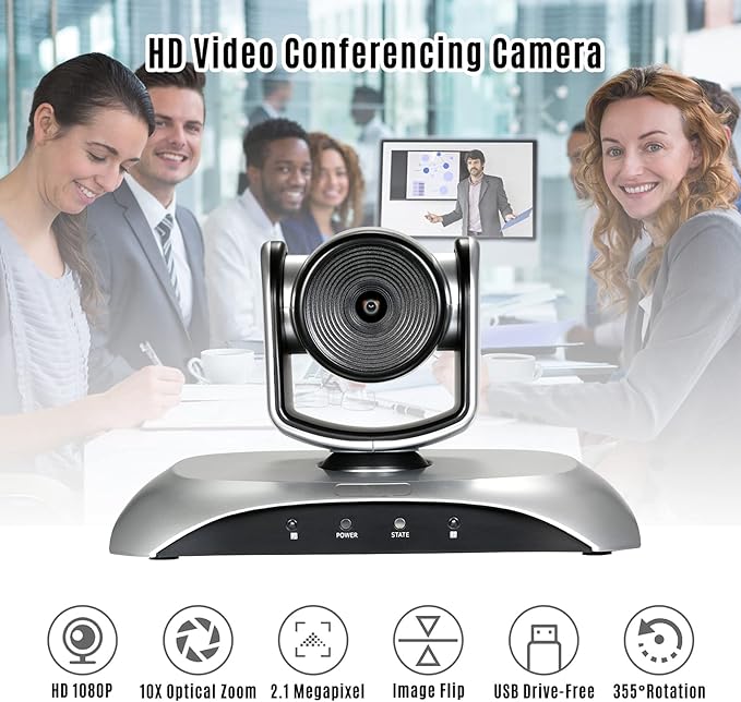 1080P HD Video Conference Camera 10X Optical Zoom Webcam 3D Noise Reduction 355° Rotation Plug &amp Play with Remote Control for Video Meetings Training Teaching