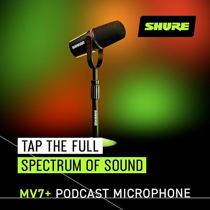 Shure MV7+ Podcast Dynamic Microphone with Stand – OBS Certified Enhanced Audio LED Panel USB-C &amp XLR Outputs Auto Level Mode Digital Pop Filter – for Podcasting Streaming and Recording Bl
