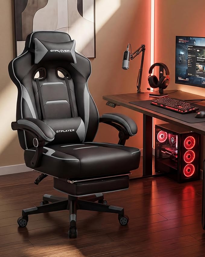 GTPLAYER Gaming Chair with Footrest Big and Tall Computer Game Chair 350lb Racing Style Ergonomic High Back Lumbar Support and Recliner Moon Gray