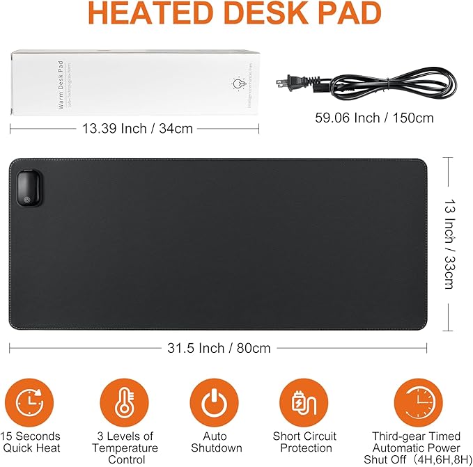 Heated Mouse Pad Warm Desk PadHeated Large Desk Mat with 3 Levels HeatingGaming Mouse Pad Foot Warmer Pad for Home Office(Upgrade VersionBlack31.5 x 13)