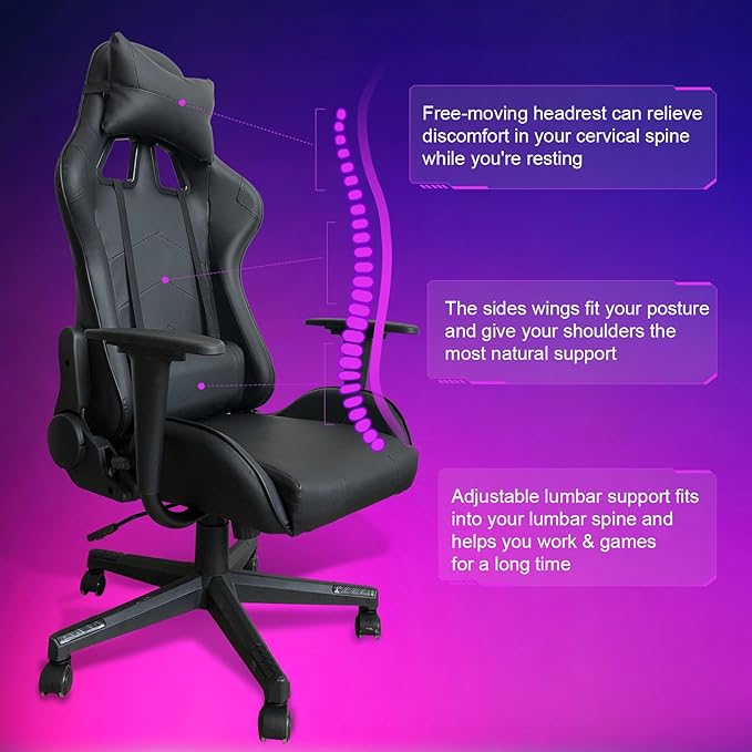 DIKEP Gaming Chair Computer Office High Back Leather Gamer Chair Ergonomic Adjustable Racing Chair with Headrest and Lumbar SupportBlack