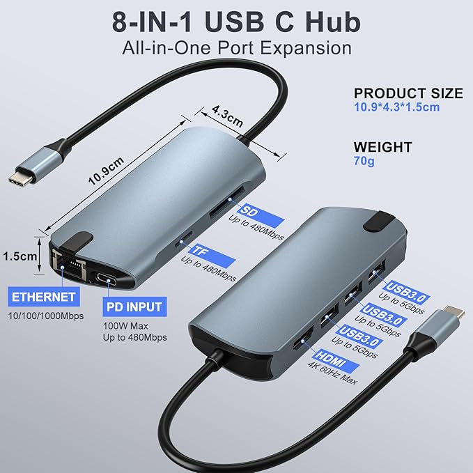 8-in-1 USB C Hub Ethernet Adapter with 4K@60Hz HDMI 100W PD Charging 3X USB 3.0 Ports 1Gbps RJ45 SD/TF Card Reader USB C Adapters Compatible with MacBook Pro/Air iPad Pro and More Laptops