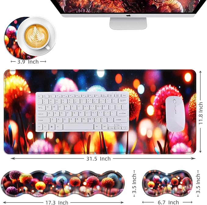 Mouse PadLarge Desk Mat Set 4in1 XL Mousepad + Keyboard Wrist Rest+Mouse Wrist Rest+Coaster with Ergonomic Desk Pad for Home Office Table Computer Cover -Colorful Glowing Dandelions