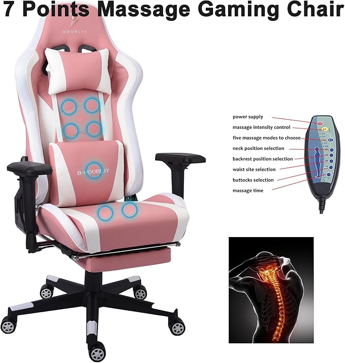 TBQATNTS LED Gaming Chair with Massage High Back PU Video Game Chair with Speakers Adjustable Lumbar Support and Headrest Reclining Computer Gaming Chair for AdultsPink