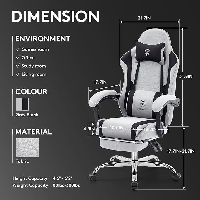 Gaming Chair Breathable FabricComputer Office Chair with FootrestMassage Lumbar Support and Gel PadErgonomic Reclining Adjustable Gamer Chair with Headrest and Spring Cushion Grey Black