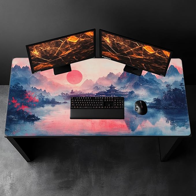 Landscape Ink Painting Gaming Mouse Pad Extra Large Gaming Mouse Pads Waterproof Non Slip Big Computer Mousepad Mice Pads Desk Pad Stitched Edges for Women Office Home (48x24 Pink)