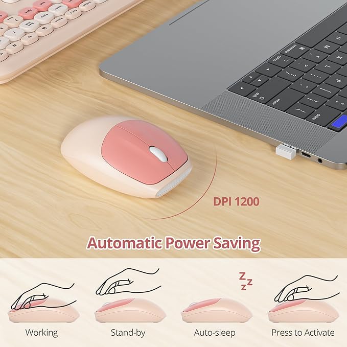 Surmen Cute Colorful Beige Keyboard and Mouse Wireless Silent Full-Size Retro Typewriter Wireless Quiet Slim Keyboard Low-Noise 2.4GHz for Computer Desktop Laptop(Beige)