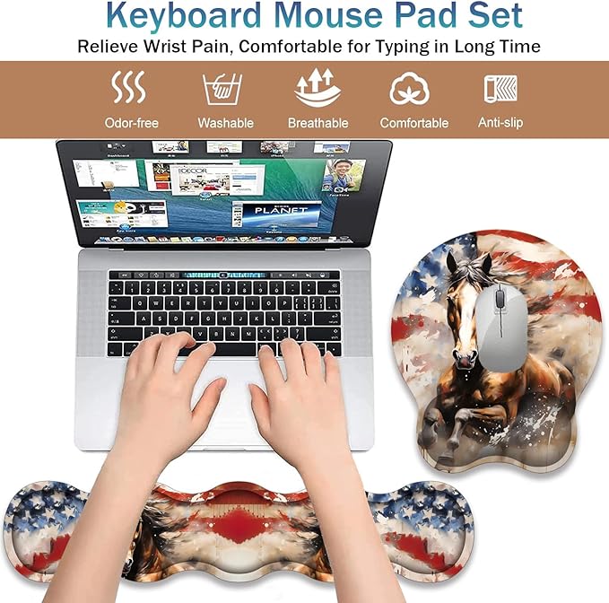 Ergonomic Keyboard Wrist Support Pad and Wrist Support Mouse Pad Anti-Slip with Gel Memory Mouse Pad Set Suitable for Office Use/Home Use - American Flag and Horse