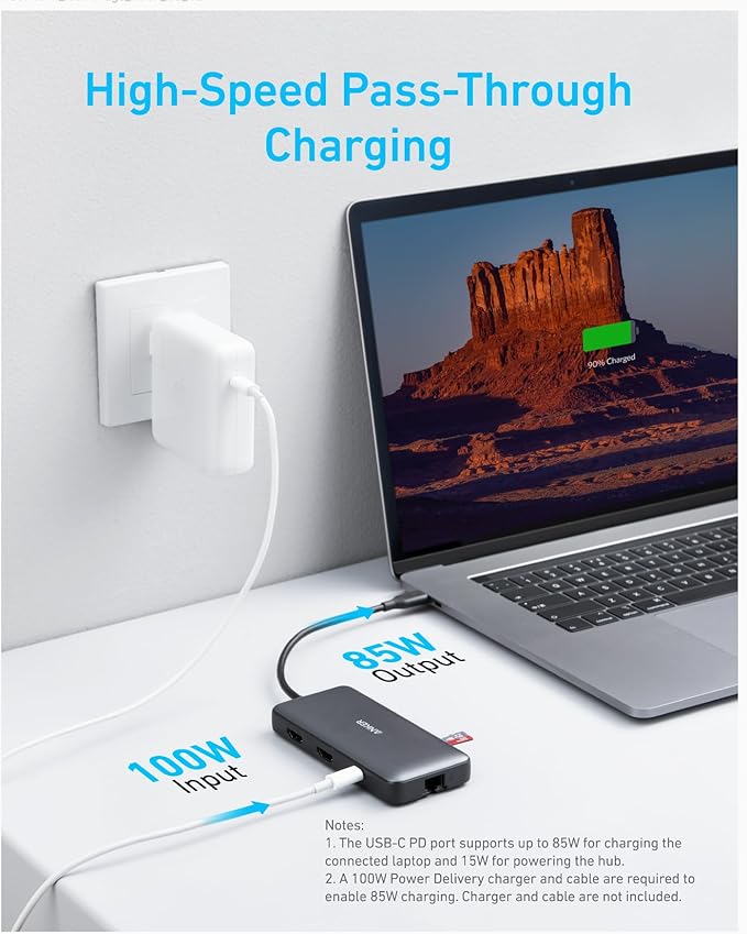 Anker Laptop Docking Station Dual Monitor 8-in-1 USB C Hub 4K Dual Monitor with 2 HDMI 1 Gbps Ethernet Hub 85W Power Delivery SD Card Reader for XPS and More (Charger not Included)