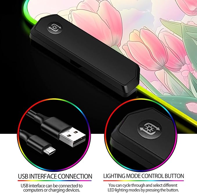 RGB Pink Flower Tulips Gaming Desk Mat Computer Keyboard Large Extended Long Floral LED Mouse Pad for Office and Home XL (W30)