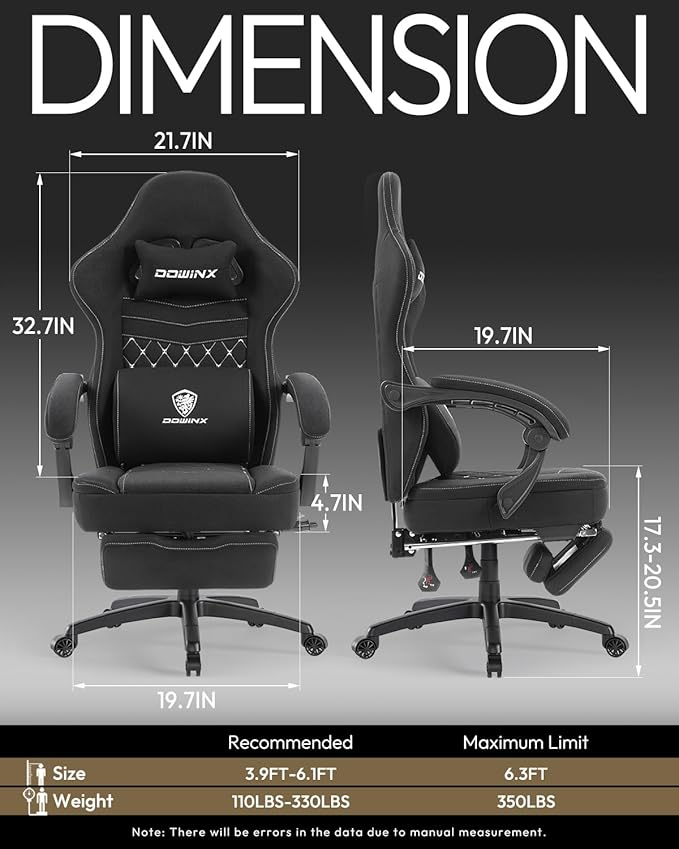 Dowinx Gaming Chair Breathable Fabric Game Chair with Gel Pad and Storage Bag Comfortable Gamer Chair with Pocket Spring CushionErgonomic Computer Chair with FootrestBlack and White