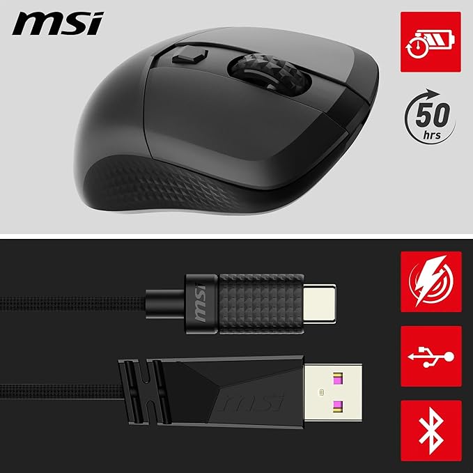 MSI Versa 300 Wireless Gaming Mouse - 8000 DPI Optical Sensor 1000 Hz Polling Rate Symmetrical 30M+ Click Kailh Micro Switches 6 Buttons 50-Hour Battery 1ms Latency RGB 60g - Wired/Wireless