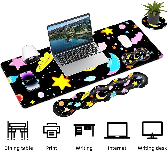 Keyboard Mouse Pad Set Extended Gaming Mouse Pad+Ergonomics Keyboard Wrist Rest Support Memory Foam Easy Typing Pain Relief 4Pcs XL Ultra Thick Desk MatSpace Stars Moons Clouds