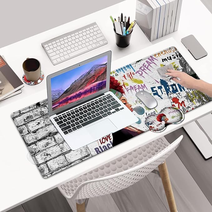 Desk Pad Extended Large Mouse Pad with Stitched Edges (31.5X11.8In) Ergonomic Mouse Wrist Rest Support Waterproof Computer Mouse Mat African Black Woman Graffiti Girls XXL White Gaming Mouse Pad