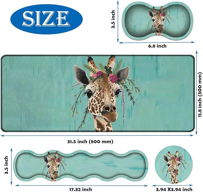 4 in 1 Mouse Pad Combo Large Gaming Mouse Pad + Keyboard Wrist Support + Mouse Wrist Rest + Coaster Table Pad with Stitched Edge Memory Foam Ergonomic Wrist Pad Set Giraffe with Floral Headgear