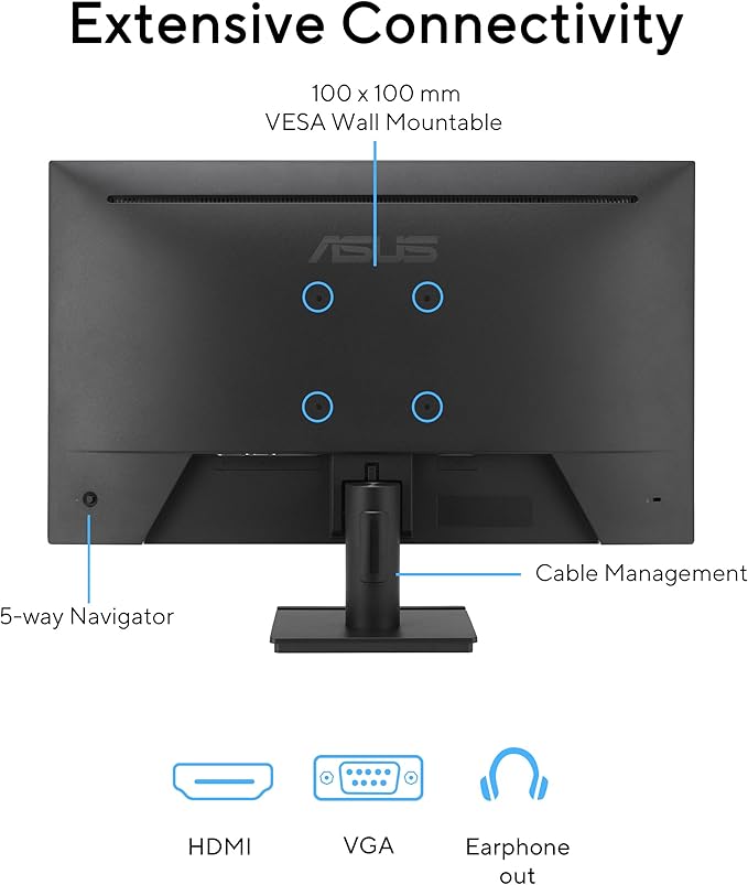 ASUS 27 1080P Eye Care Monitor (VA279HG) - IPS Full HD 99% sRGB Frameless 120Hz 1ms Adaptive-Sync HDMI VGA Low Blue Light Flicker Free Wall Mountable 3 yr Warranty