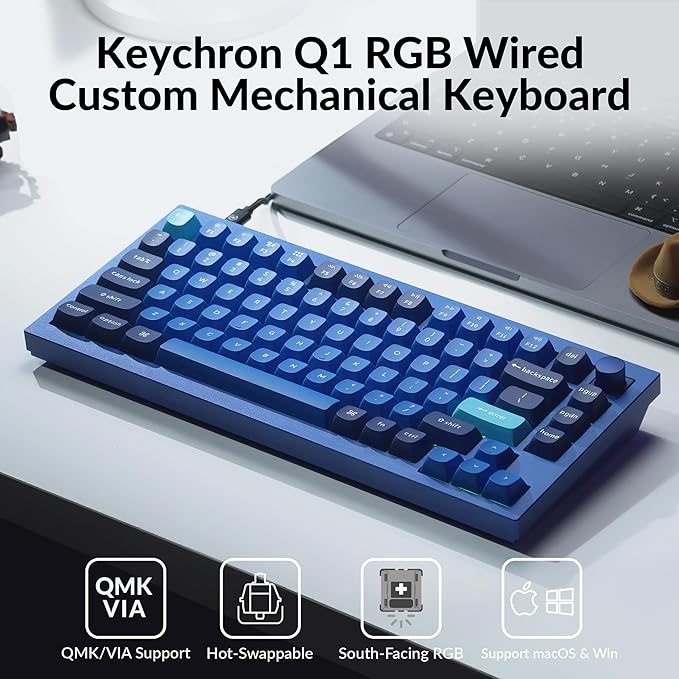 Keychron Q1 RGB Wired Custom Mechanical Keyboard 75% Layout RGB Backlight with Hot-swappable Gateron G Pro Brown Switch Double Gasket Compatible with Mac Windows Linux (Blue) -Version 2