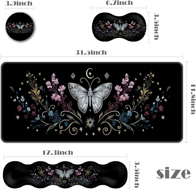 Ergonomic Keyboard Wrist Rest &amp Mouse Pad Wrist Rest SetXL Gaming Desk Mat 31.5x 11.8Non-Slip BaseMemory FoamEasy Typing Pain Relief for Office &amp HomeSilver Butterfly with Flowers
