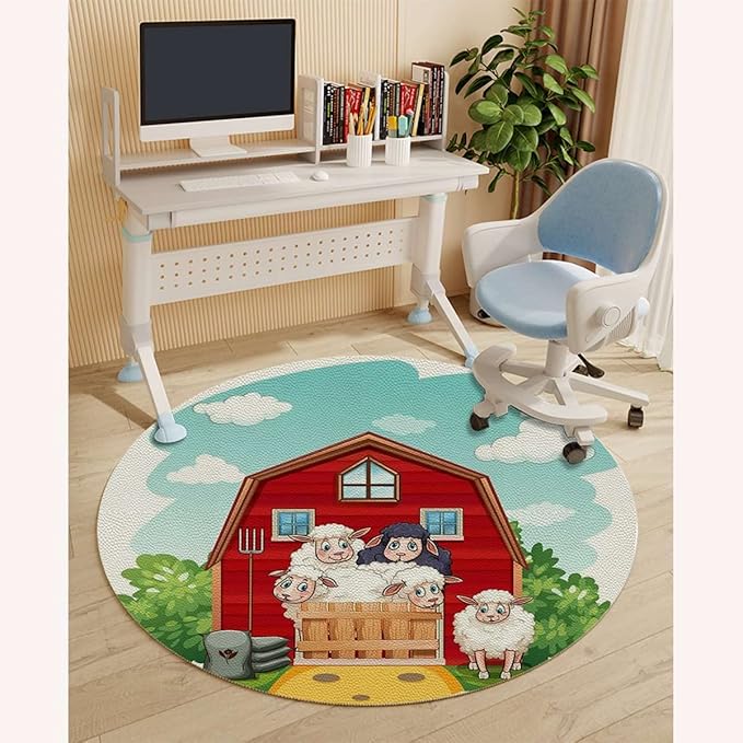 Green PU Leather Desk Chair Mat for Hard Floors Rural Woodenshack Cartoon Happy Farm Animals Computer Chair Matfor Rolling ChairLarge Floor ProtectorEasy Clean Manga Diameter 47.2 in