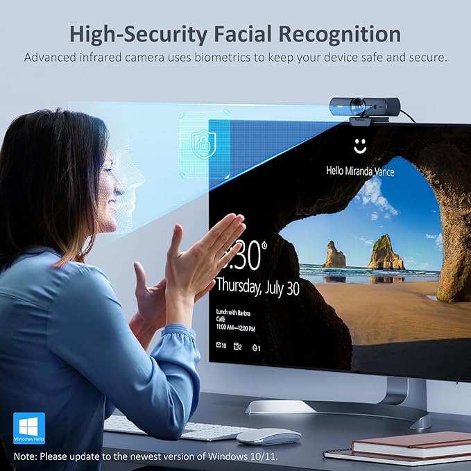 NexiGo HelloCam 1080P Webcam with Windows Hello True Privacy Automatic Electronic Shutter Computer Camera Microphone Facial Enhancement HD USB Web Cam