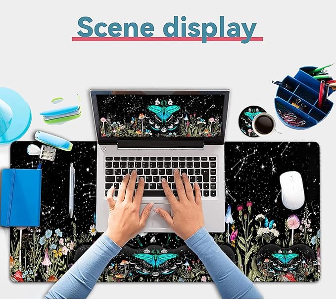 Large Mouse Pad Ergonomic Mouse Wrist Support + Keyboard Wrist Rest Set+ Extended Gaming Mouse Pad Moth Moon Phase Witchy Office Desk Mat Black Writing Mat Laptop Protector Accessories Desk Pad