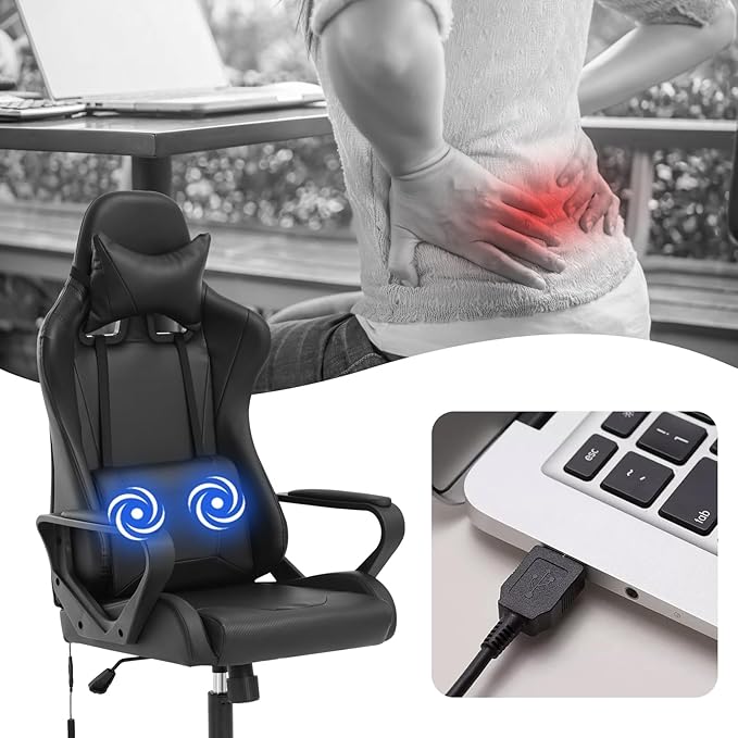 BLKMTY Gaming Chair Massage Video Game Ergonomic Office Racing Computer PU Leather Chair - High Back Executive Task with Lumbar Support Headrest Swivel Chairs Black